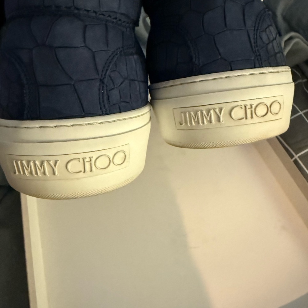 Jimmy Choo Navy Blue Croc-Embossed Sneakers with White Accents - Picture 6 of 8